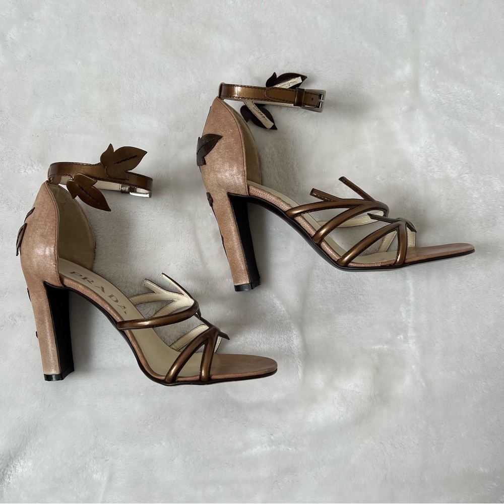 Prada Leather Square Toe Ankle Strap Sandals vintage 2000s y2k bronze floral